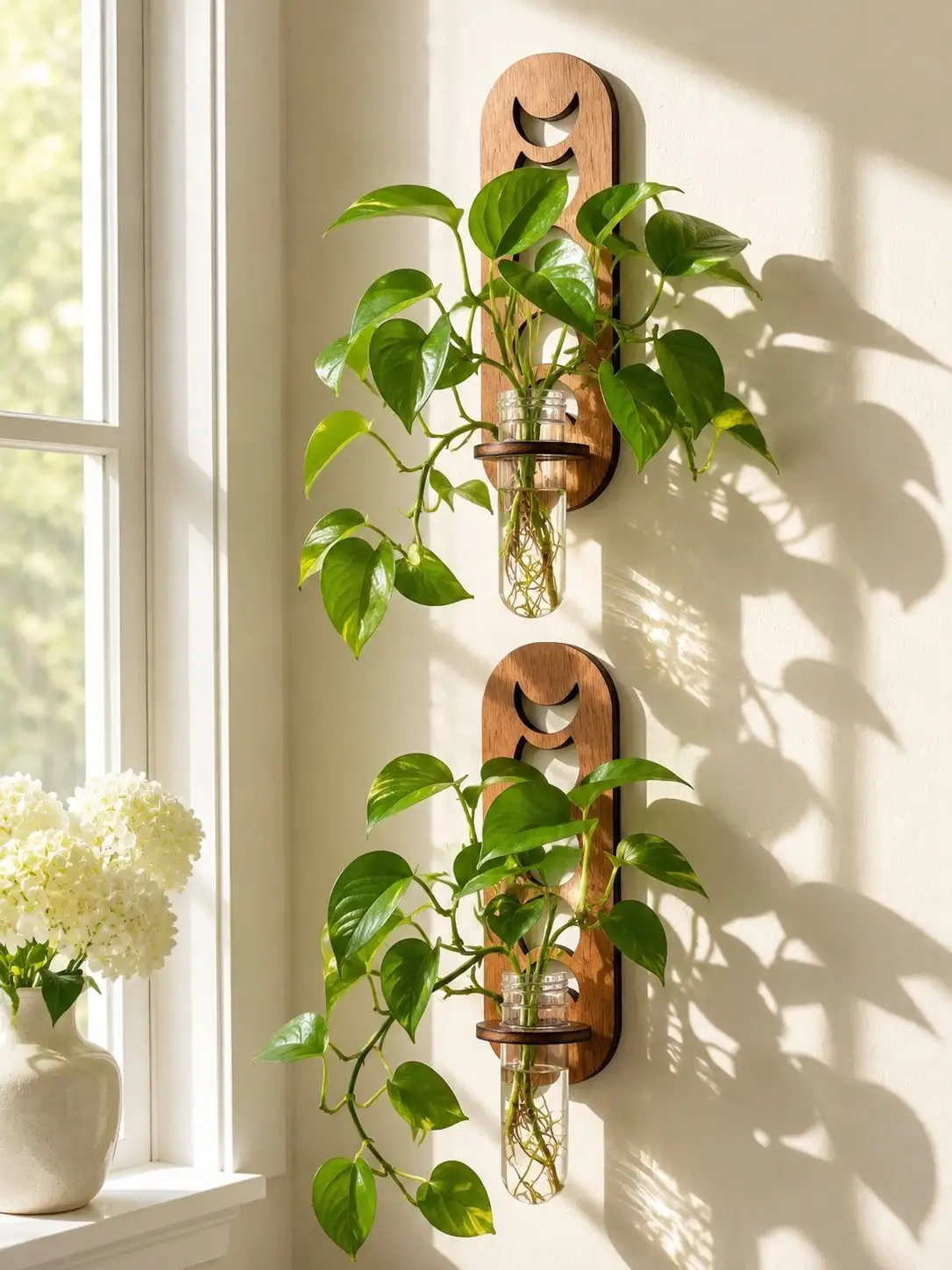 1/2‑Pack Moon Phase Wooden Wall Propagation Station, Boho Glass Tube Hanging Planter, Wall Decor for Multiple Rooms, Housewarming Gift