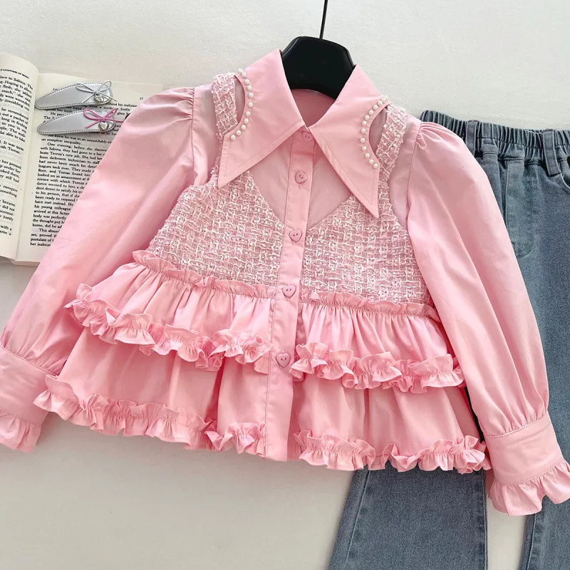 Children's Set New Autumn New Girl Baby Long Sleeve Fake Two-Piece Denim Pants Refreshing Two-Piece Set
