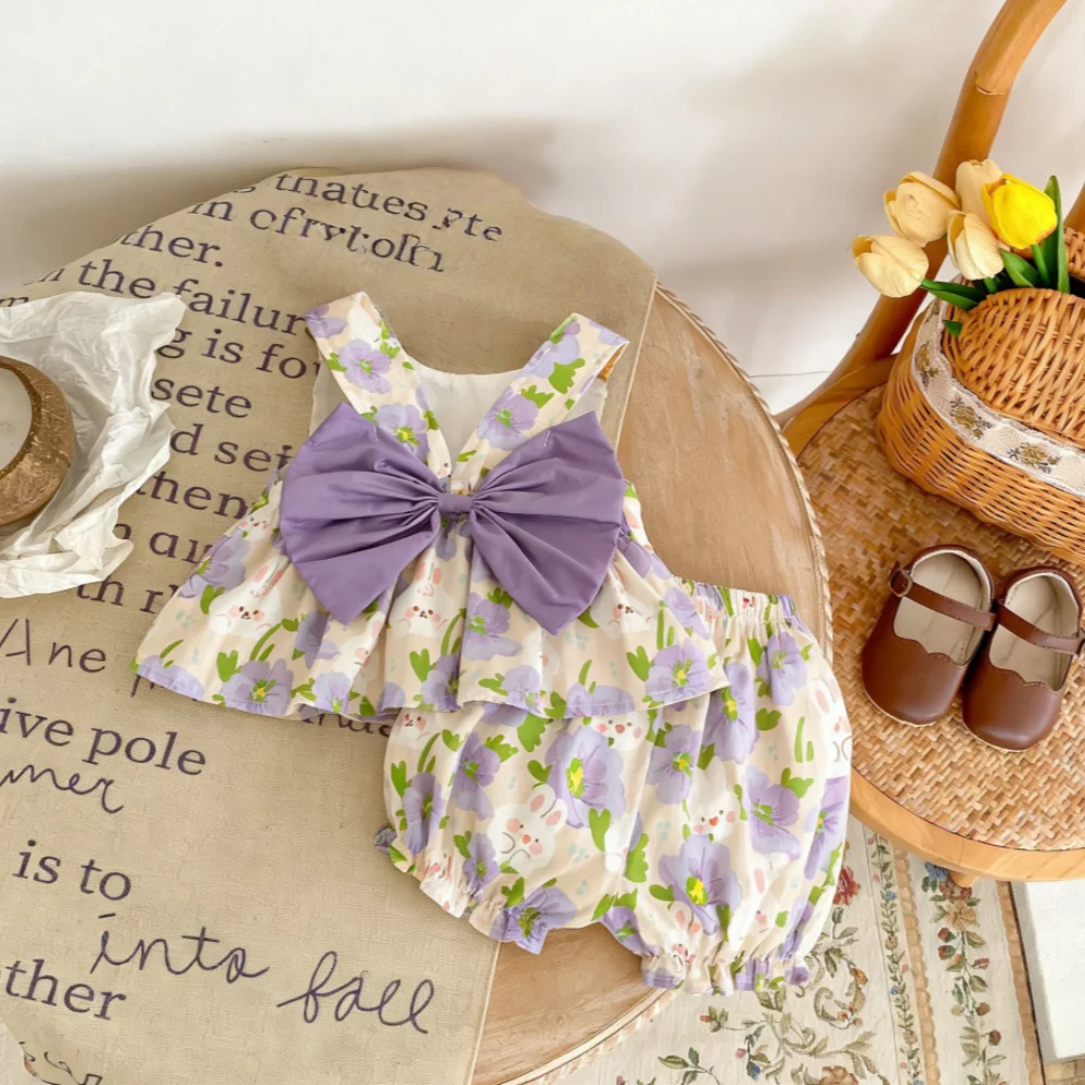 Baby Girl Set Summer Full Print Flower Top Shorts Children's Clothing Cute Beach Baby Set