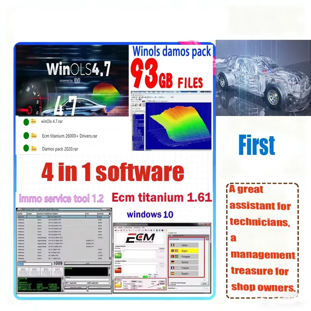

Winols 4.7 ECU Programming Tool with 93GB Damos Files Immo Service V1.2 ECM Titanium 26100 And Installation Video Guide for Auto