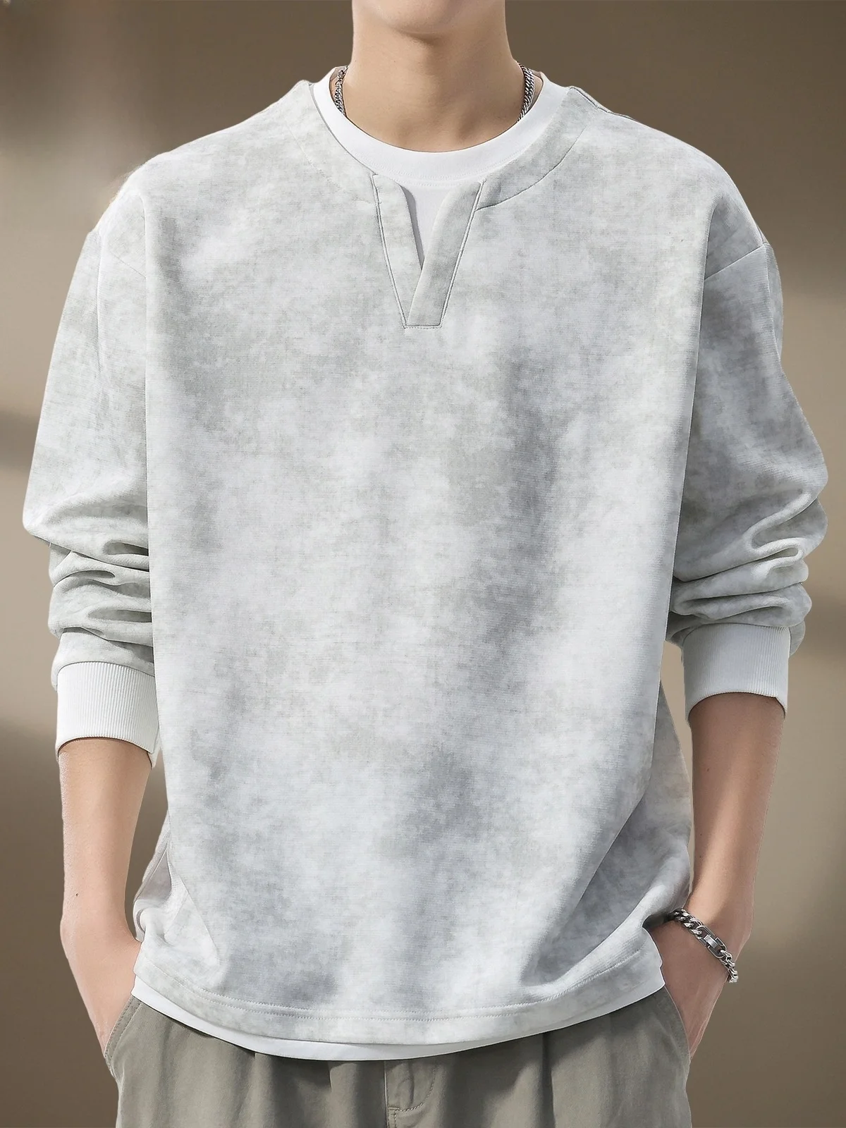 

Long Sve Tie Dye Hoodie Men's Spring Faion Brand Vintage Fake Two-Piece Henry Collar Top Casual Comfortable Cott...