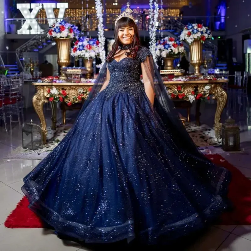 

Shiny dark blue Quinceanera Dress off-shoulder crystal decal Long tail vestidos de 15 Quinceanera ﻿Customize