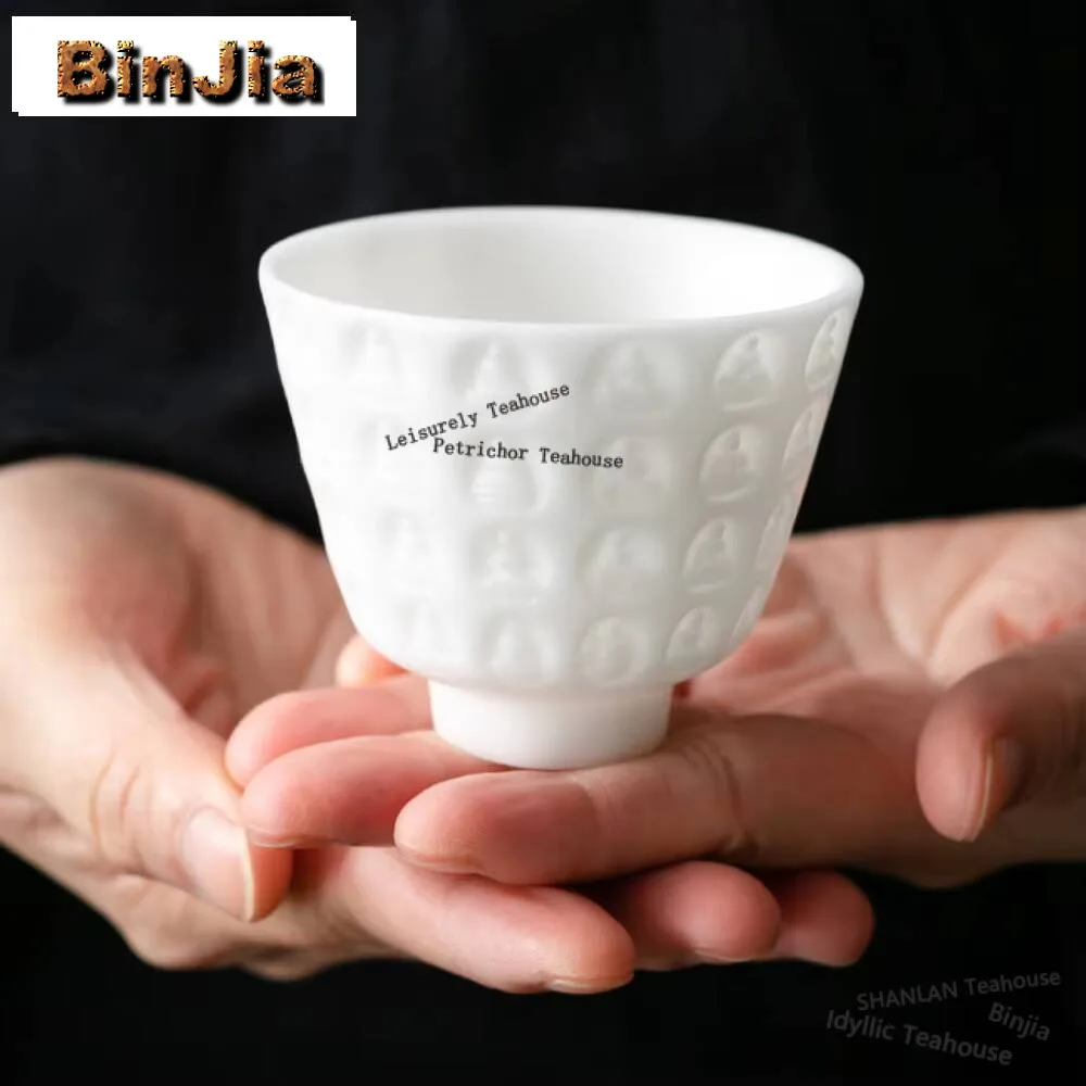110ml High End Ice Jade Porcelain Master Cup Relief Thousand Buddha Teacup Female Single Personal Tea Bowl Chazhan Drinkware