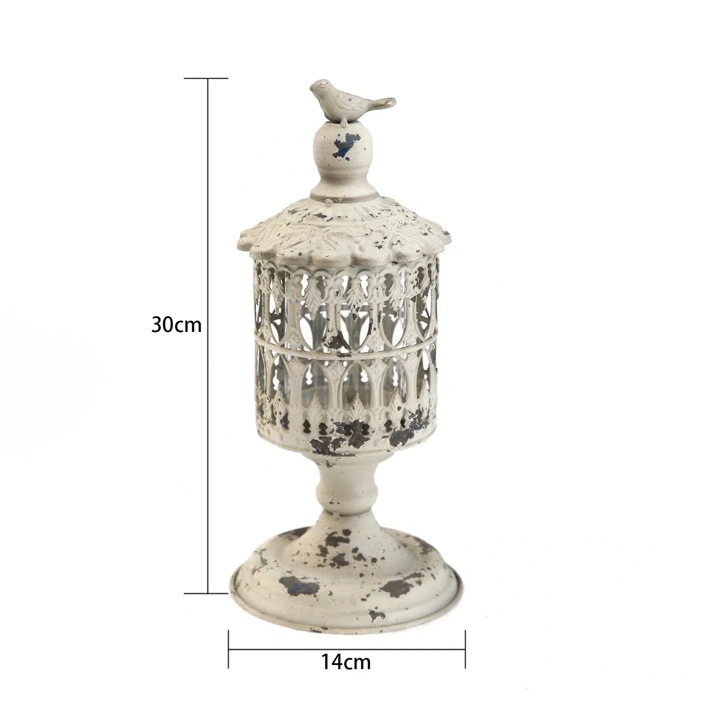 Decorative Metal Candle Holder with Bird Finial, Distressed White Finish, Openwork Design Lantern