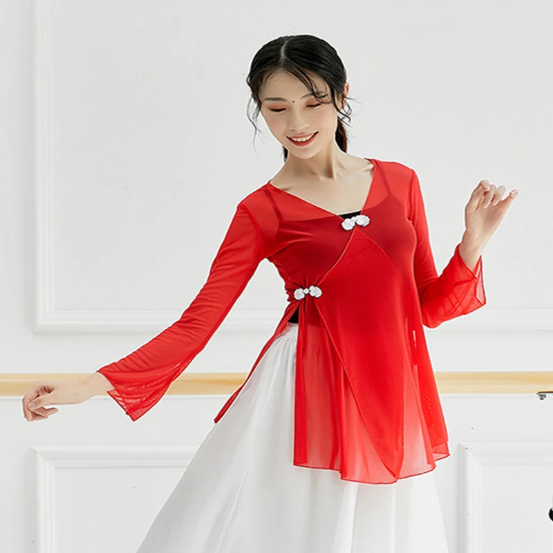 Classical Dance Top Long Flared Sleeve Shirt Slit Side Hem Gauze Mesh Tee Blouse Chinese Folk Dancewear Top Summer Stage Clothes