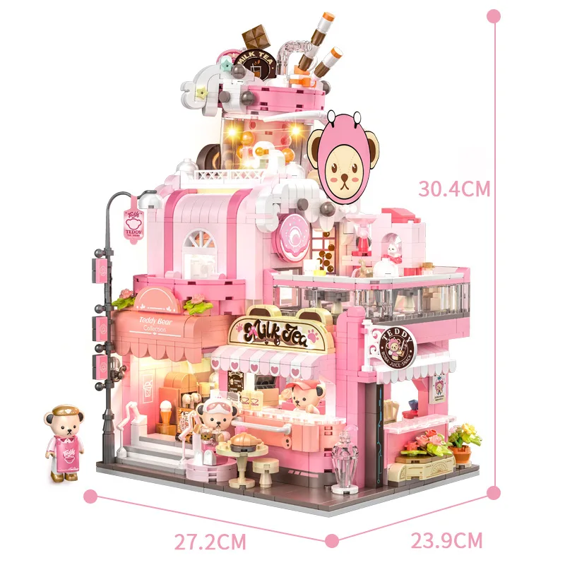 Creative Street View Architecture Bear Milk Tea House Building Block Streetscape Teddy Figures Construction Brick Toy With Light
