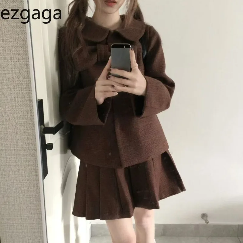 Ezgaga Two Piece Sets Women Vintage Preppy Style Bow Blazer Sweet Jackets Peter Pan Collar Outwear Mini Pleated Skirts Suits