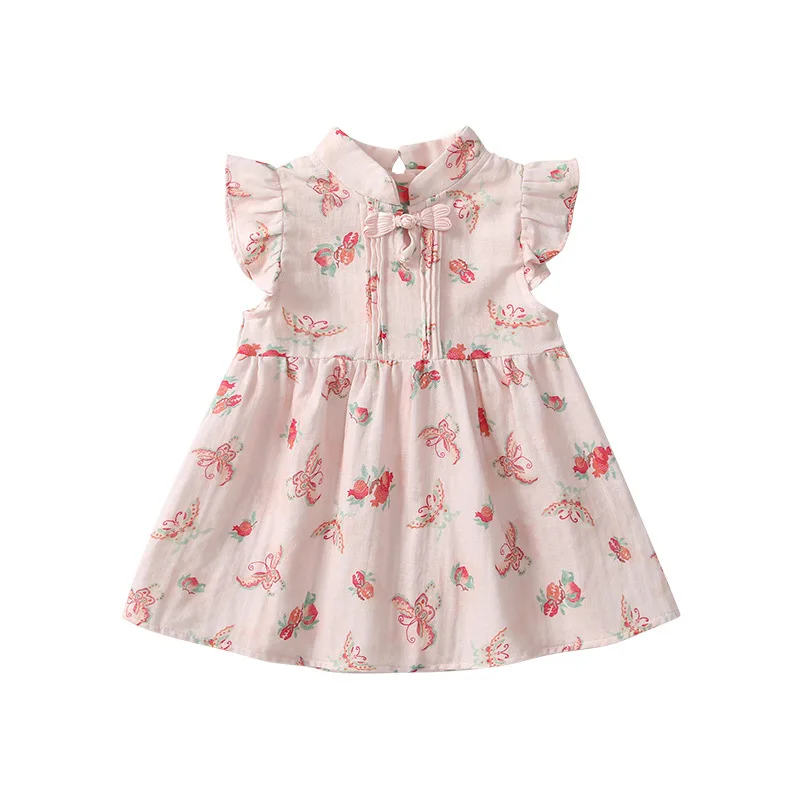 

Summer Baby Girl Chinese Style Sleeveless Buckle Cotton Butterfly Layered Ruffle Hem Toddler Dress 1-3 Years Casual Dresses