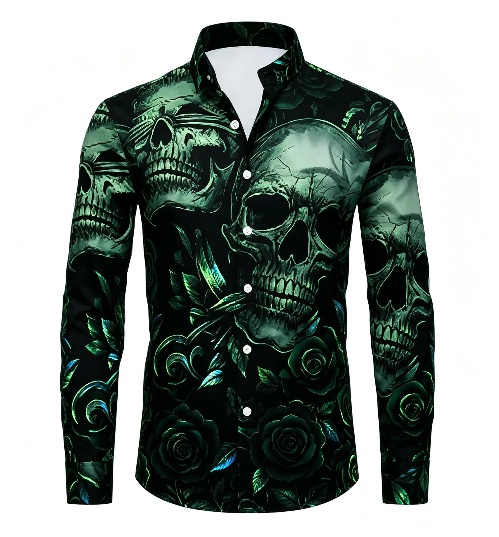 Men Long-Sleeve Button-Down Shirt Black Vintage Sketch Skull Red Rose Print Polyester Lapel Collar Party Top