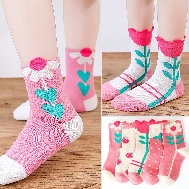 Autumn 5 Pairs/Lot New Pink Flowers Strawberry Girls Socks Dress Cartoon Cute Fashion Cotton Casual Socks For Famale Children