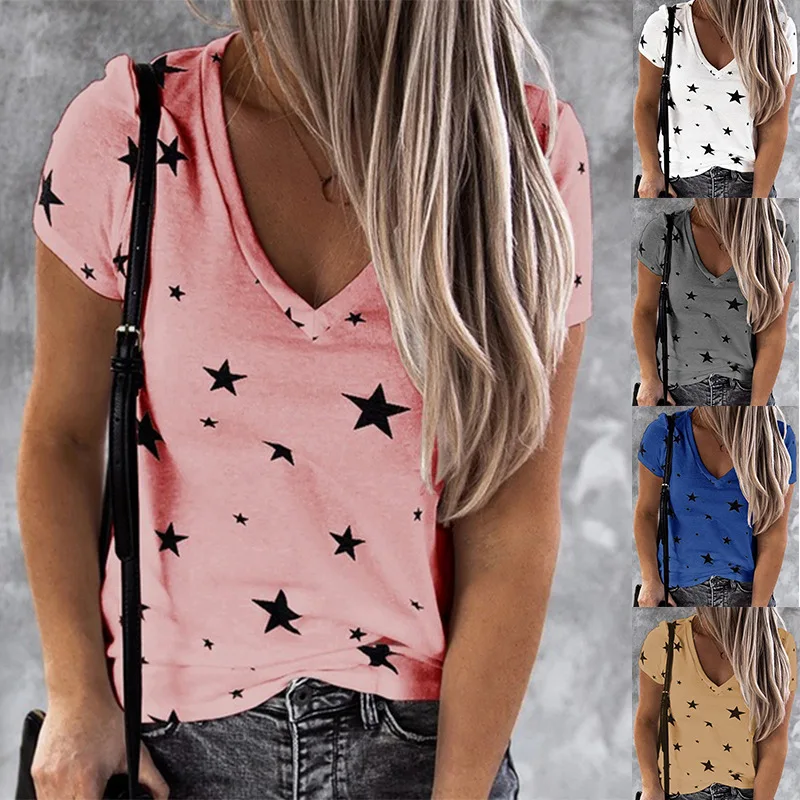 

Spring And Summer Women's V-Neck Digital Printing Star Short-Sleeved T-Shirt Top Woman Lady Fashion Casual Versatile Tops Female