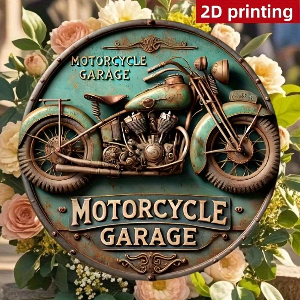 Vintage Motorcycle Garage Round Metal Tin Sign – 2D Flat Products Design with Enhanced Depth & Artistic Detailing, Featuring Cla