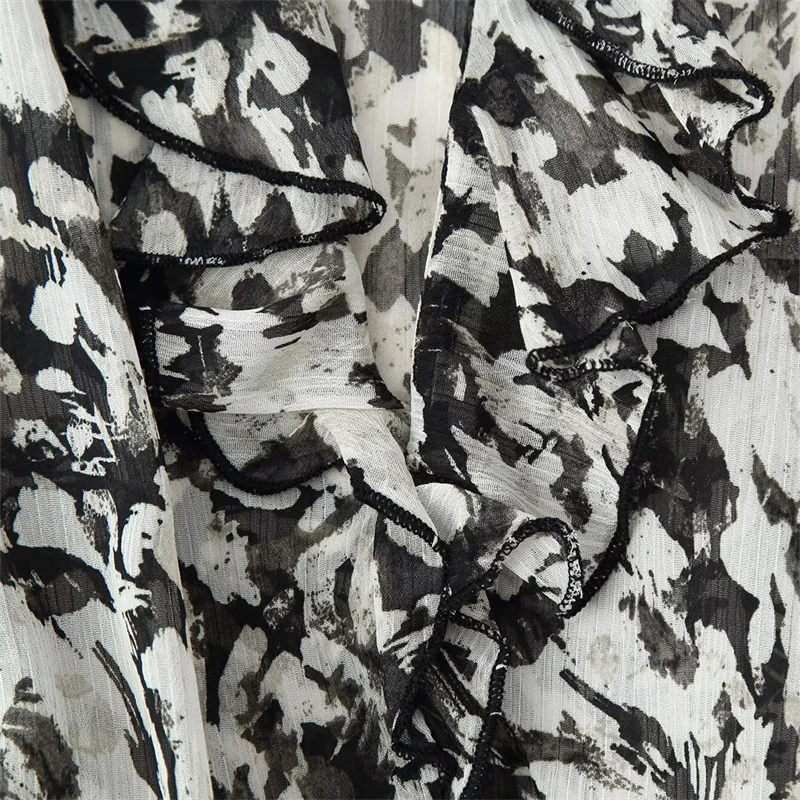 KEYANKETIAN Herbst Neue frauen V-ausschnitt Rüschen Rand Layered Lange Ärmeln Graffiti Print Mit Taille Gürtel Mini Slim Fit Kleid