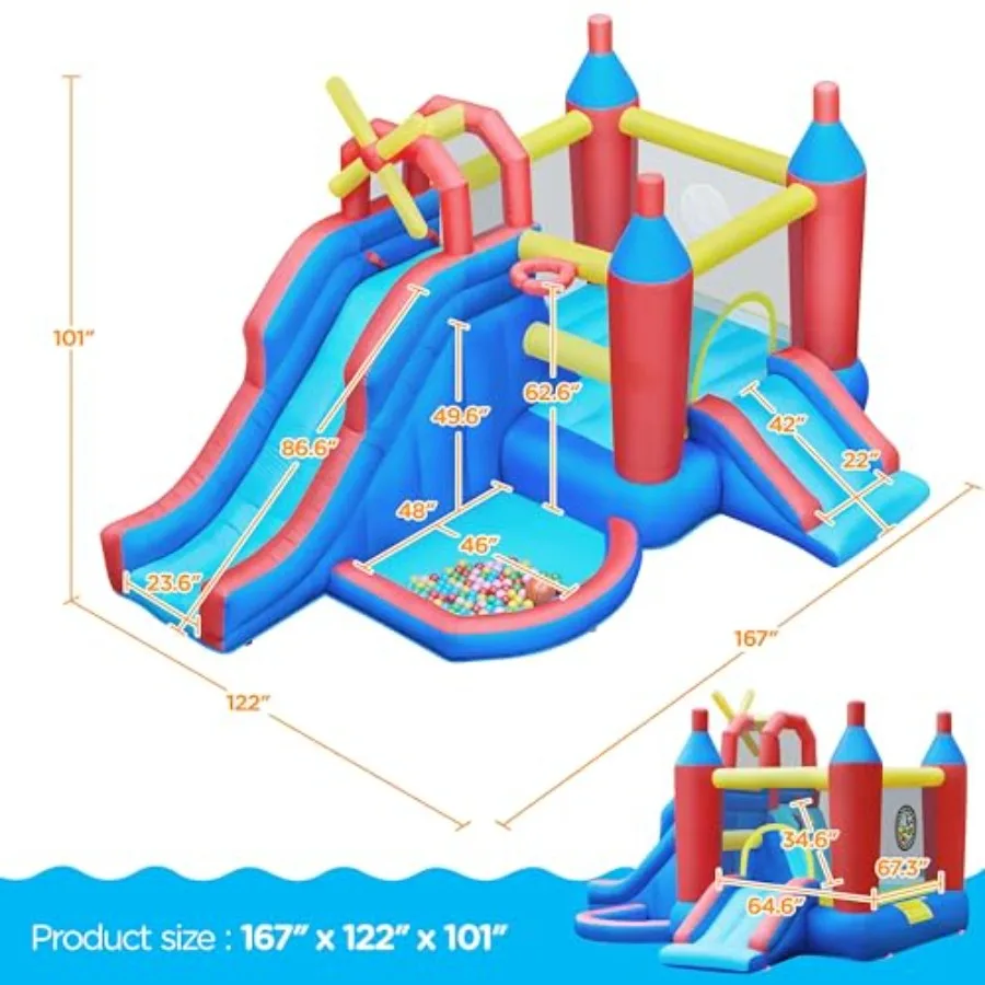 Inflatable Bounce House, 7-in-1 Bouncy Castle Combo w/Ball Pit & Bouncing Area & Slides & Basketball Game & Dart Game, Jump Hous