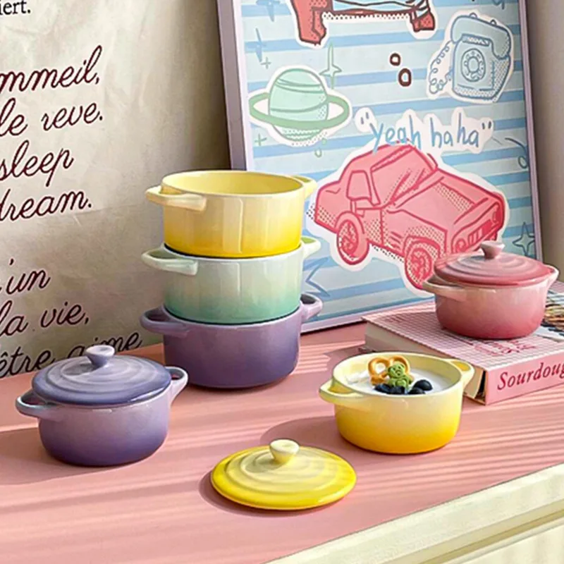 LingAo-Ins-style Gradient Color Ceramic Double-Ear Covered Stew Pot, Steamed Egg Bowl, Microwave Oven Bowl