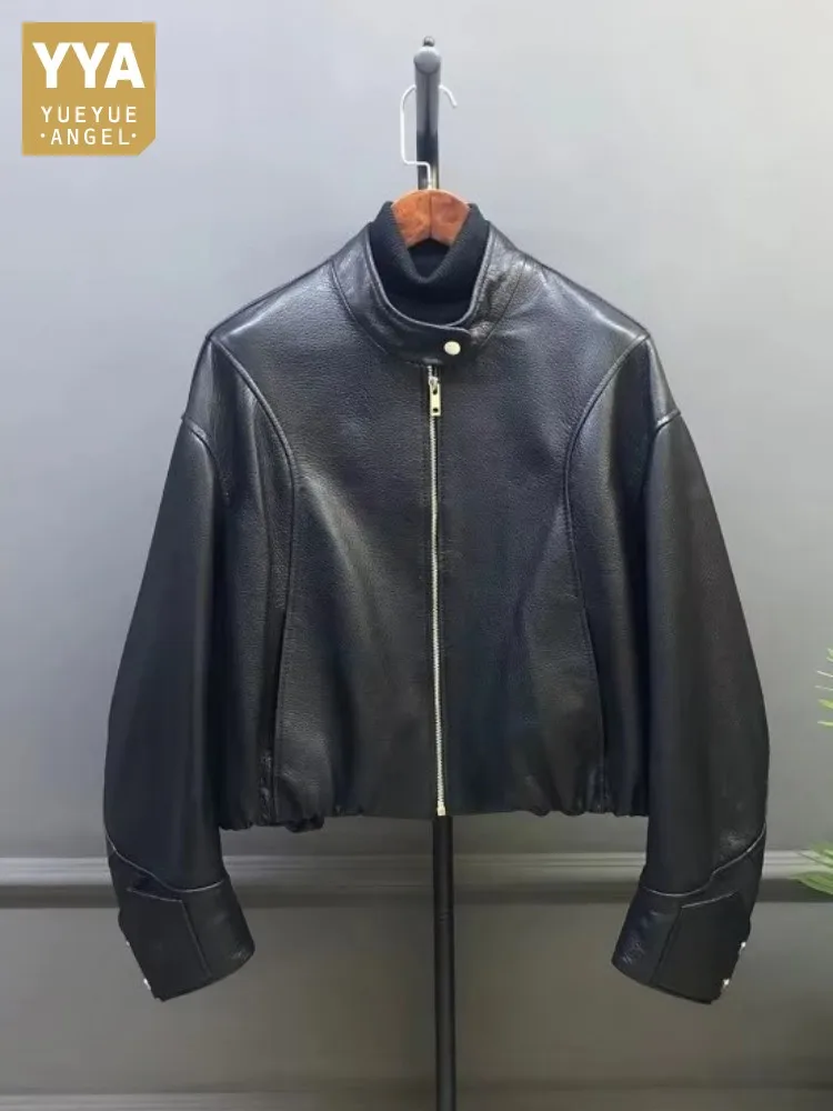 

Женская черная мотоциклетная куртка из натуральной кожи с воротником-стойкой, короткая, на молнии, в стиле панк, повседневная, весенняя, свободного кроя, из овчины