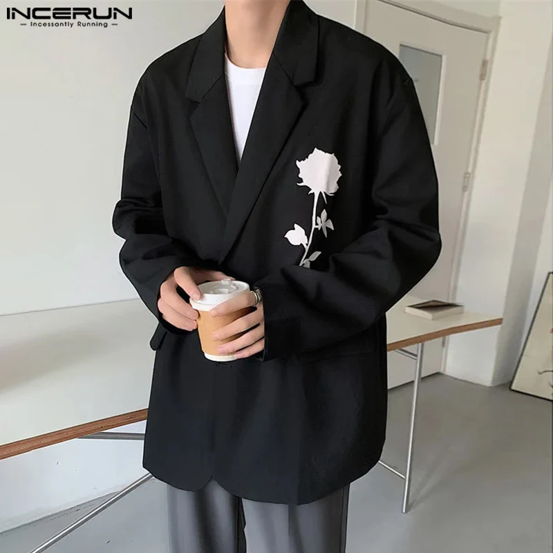 INCERUN 2024 Men Clothing Stylish Well Fitting Rose Printed Suit Coats Casual Clubwear Male Loose Long Sleeved Blazer S-5XL 2024