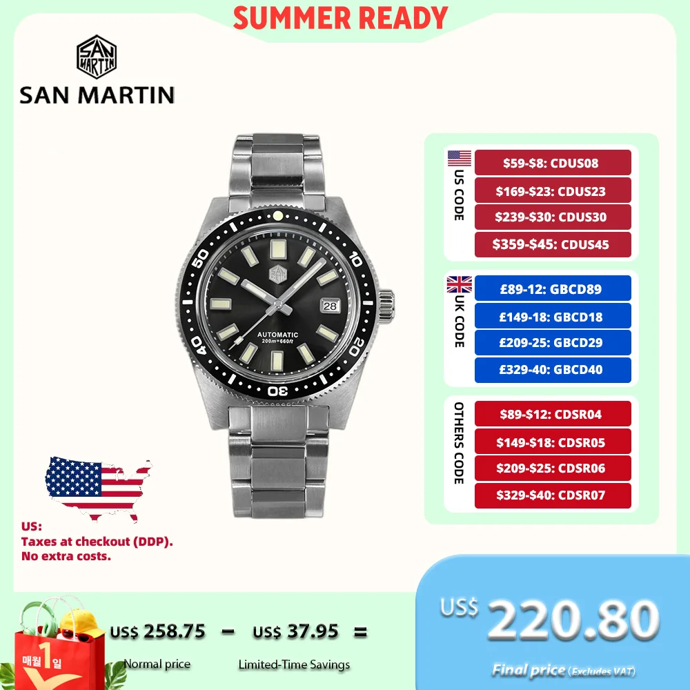 San Martin 62mas V4 41mm Diver Watch Sapphire Applied Logo NH35 Automatic Mechanical Watches Bracelet Date 20Bar Lume SN0007