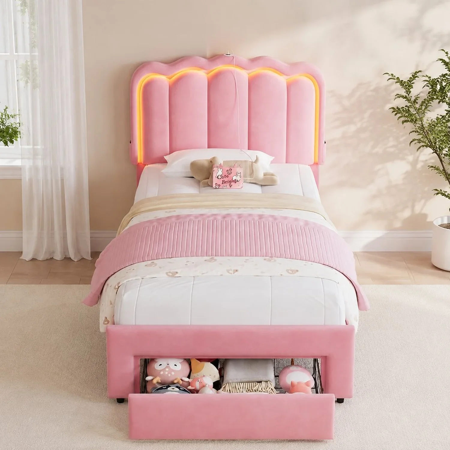 USA Stock Velvet Upholstered Twin LED Bed Frame With Storage Drawer And Adjustable Double Wavy Headboard, Princess Platform Bed,