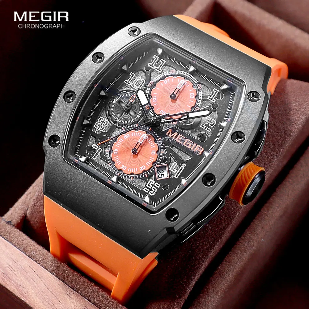 MEGIR Sport Quartz Watch Men Luxury Stainless Steel Waterproof Chronograph Wristwatch with Luminous Hands Date Silicone Strap