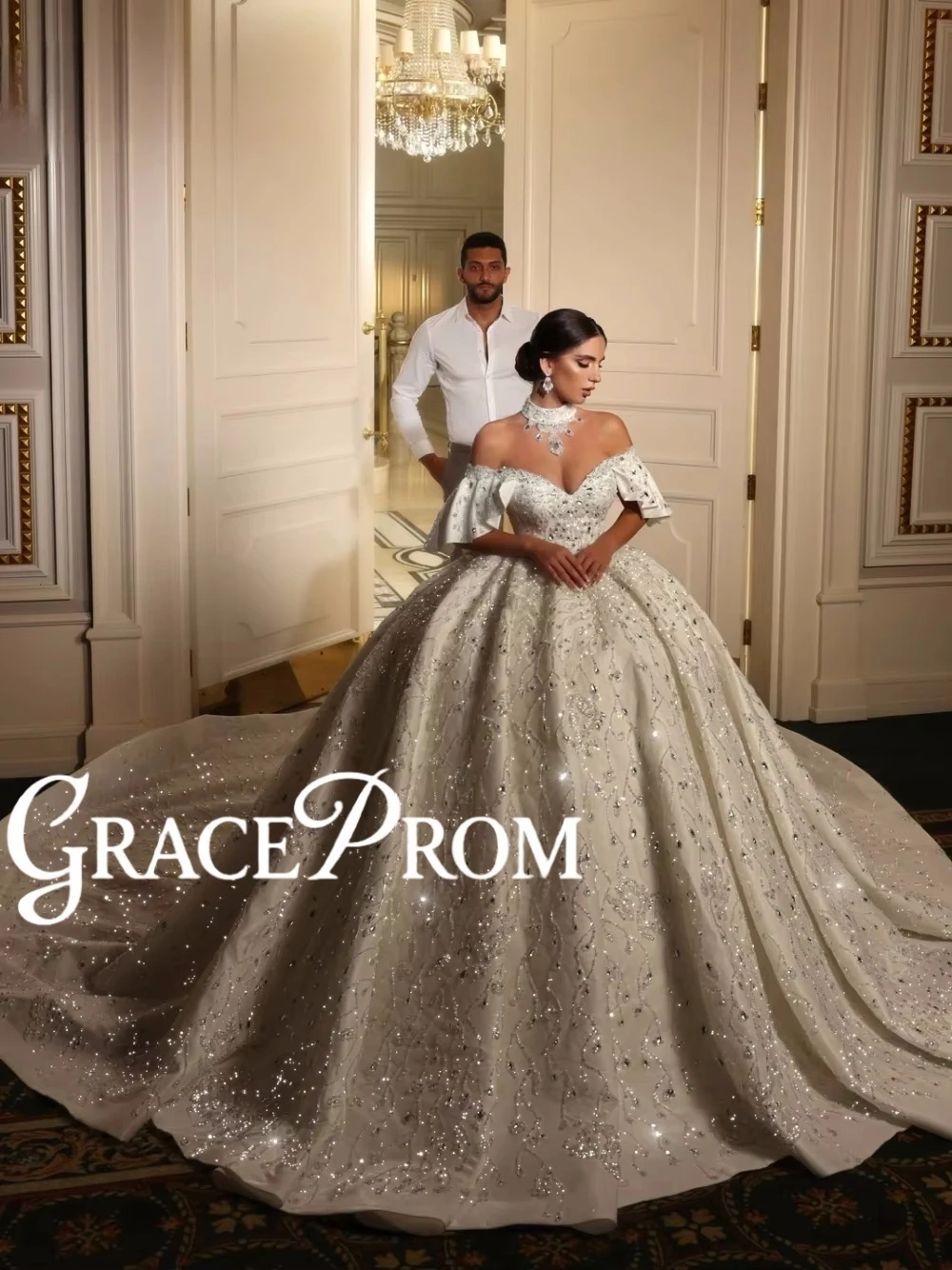 

Luxury Crystal-Embellished Off Shoulder Ruffled Ball Gown Wedding Dress With Long Train Princess Delicate Shiny Bride Wear
