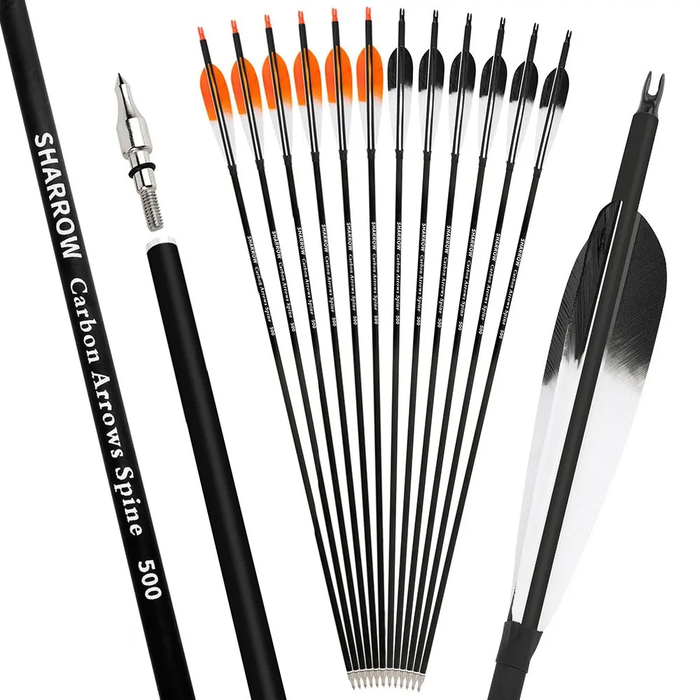 

12 шт., 30 дюймов, смешанная карбоновая стрела для стрельбы из лука, 5 дюймов, с пером, диаметр 6,2 мм, наружный диаметр 7,8 мм, позвоночник 500, изогнутый блочный лук, охотничий лук, 100 зернистый наконечник стрелы