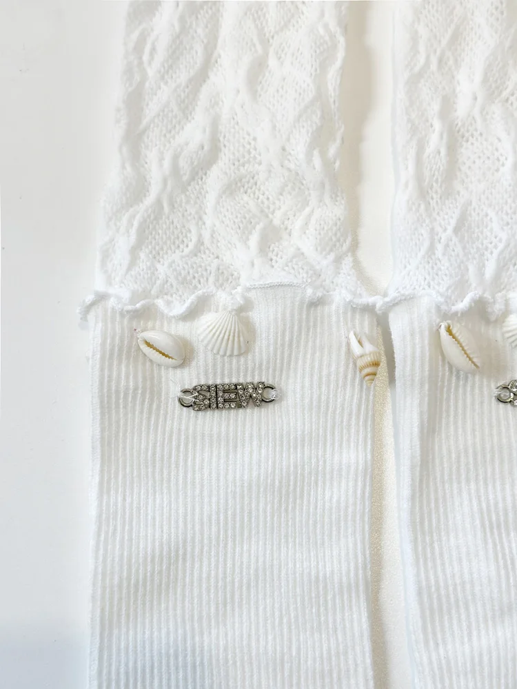 ボヘミアンスタイル-シェル装飾-フリルエッジソックス-レディース-ミッドカーフソックス-スイートピュアカラー-四季通用