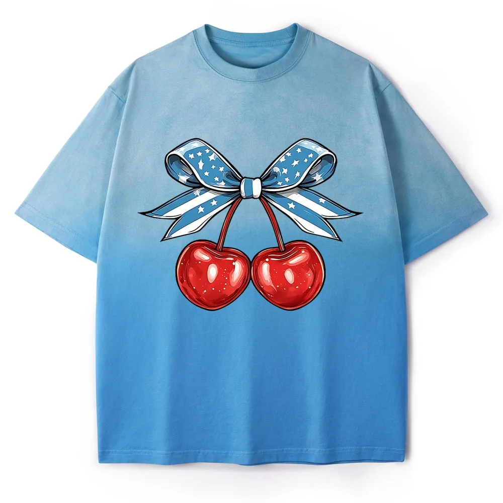 

Flag Bow Cherry Design Printing Womens Gradient Dye T-Shirt Y2K Grunge Oversized Tops Casual O-Neck Soft Tees Summer Clothes