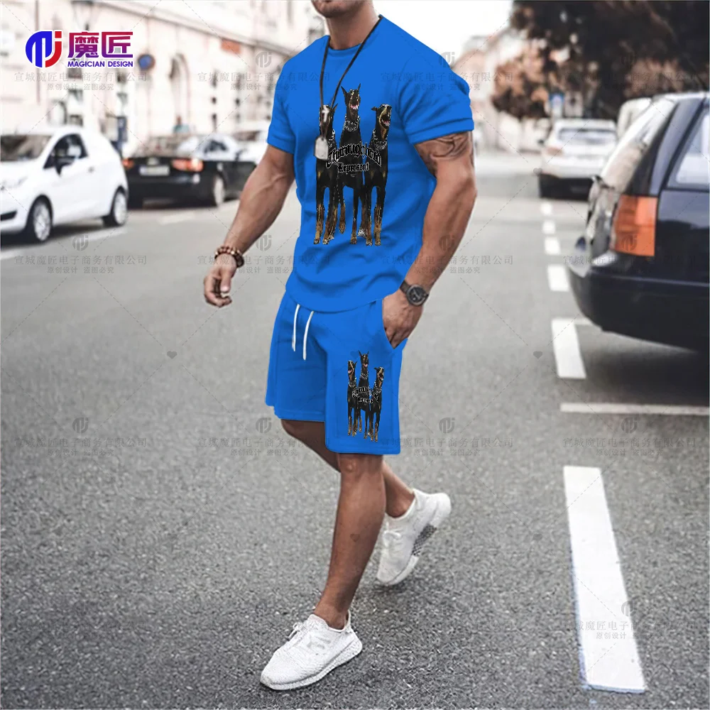 TIDESHEC Harajuku T-Shirt Set Men 2023 Summer Dog Letter Print T-Shirt and Shorts Hip Hop Street Loose Wash Top T-Shirt