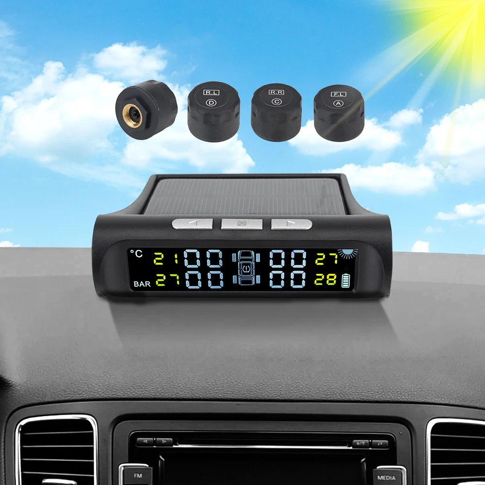 Tyre Pressure Monitoring System Digital LCD Display with 4 External Sensors Solar TPMS Universal Car Accessories