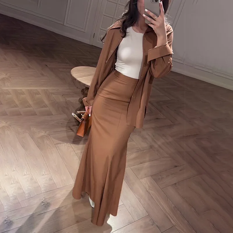 Women Two Piece Sets Skirt Set Full Sleeve Shirt Mermaid Skirts Hip Wrap High Waist Y2k Streetwear Elegant Slim Fit Work Summer