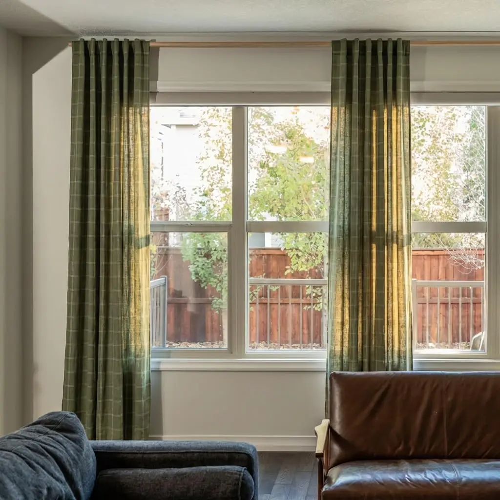 Moss-Green 2-Panel Gingham Plaid Linen Curtains, 52 × 84 Inches, Rod-Pocket & Back-Tab Dual Header, Light-Filtering Tartan Drapes for Living Rooms & Bedrooms