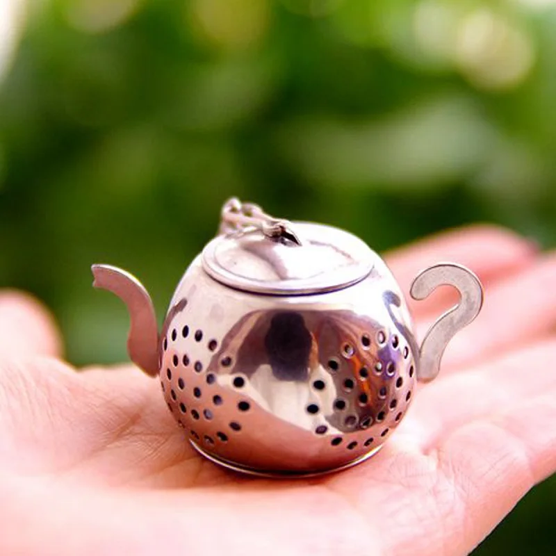 

50pcs Stainless Steel Teapot Shape Filter with Tray Chain Mesh Tea Infuser Reusable Strainer For Kettle Cup Tea Strainer Bags