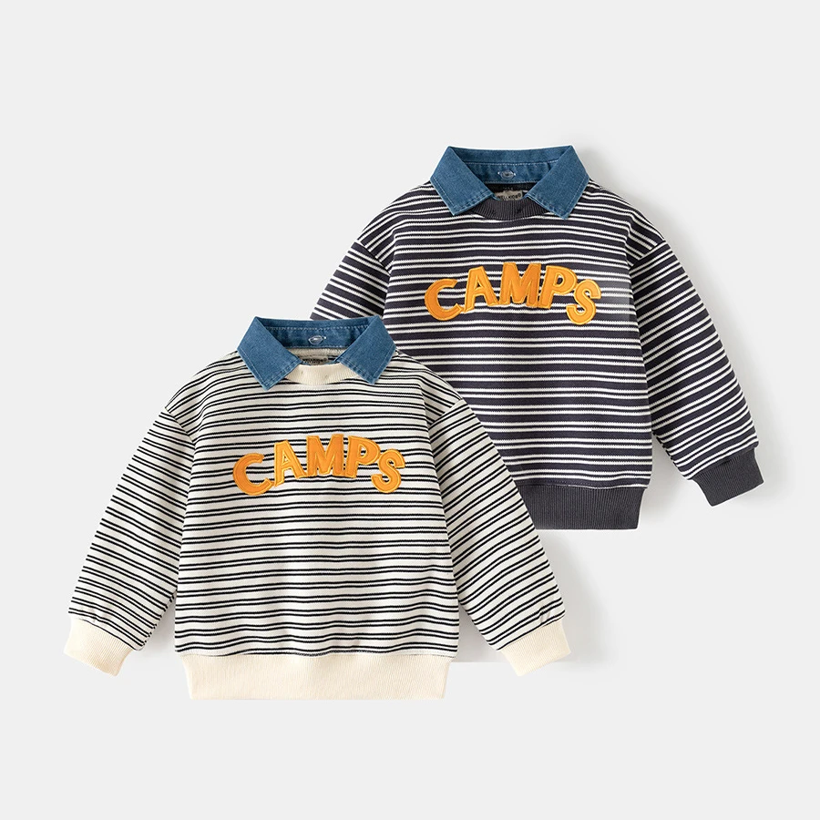 

Spring Autumn Children Clothes Boys Fake Two Piece Sweatshirt with Detachable Denim Collar Striped Embroidery Casual Top