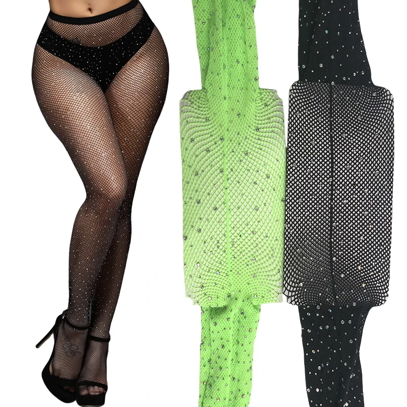 Women's Silver Rhinestone Decor Colored Fishnet Tights with Back Seam Net Stockings