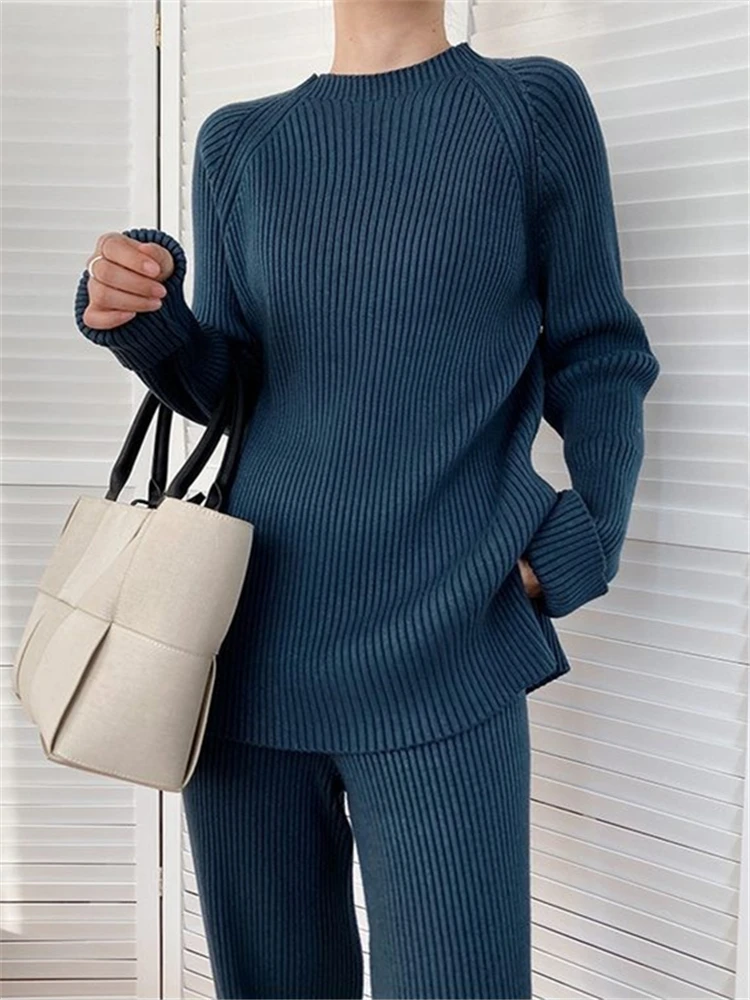 REALEFT Autumn Winter 2 Pieces Women's Sets Knitted Tracksuit Half Turtleneck Sweater and Wide Leg Jogging Pants Outfit Suits