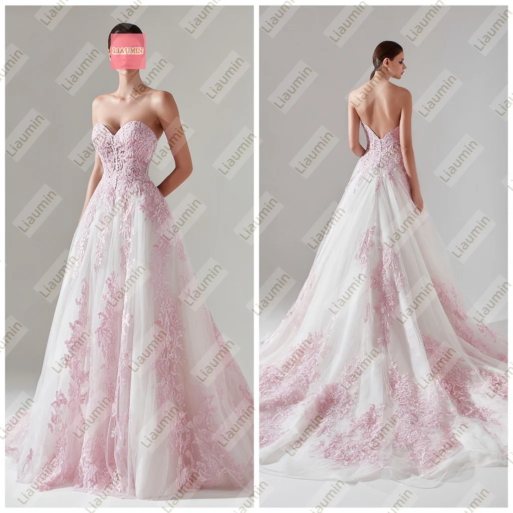 

New White Tulle Pink Lace Applique Sweetheart Lace-up Back Floor Length Evening Wedding Formal Prom Dresses Customized W20.2.47