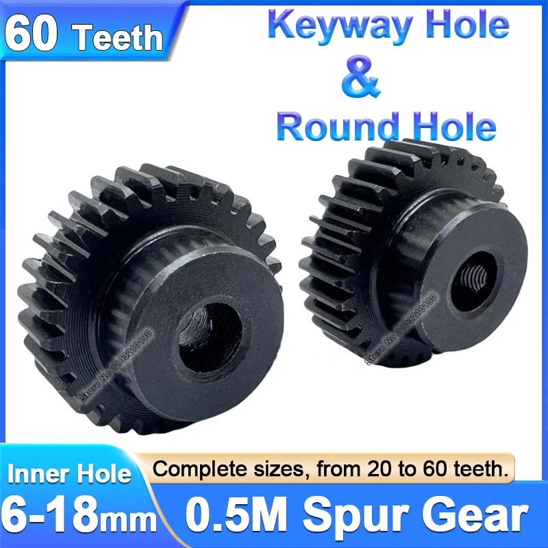 0.5M Spur Gear With Step 60T Bore 6-15mm 0.5 Modulus Black Convex Pinion Gears Round Hole / Keyway Hole Transmission Motor Parts