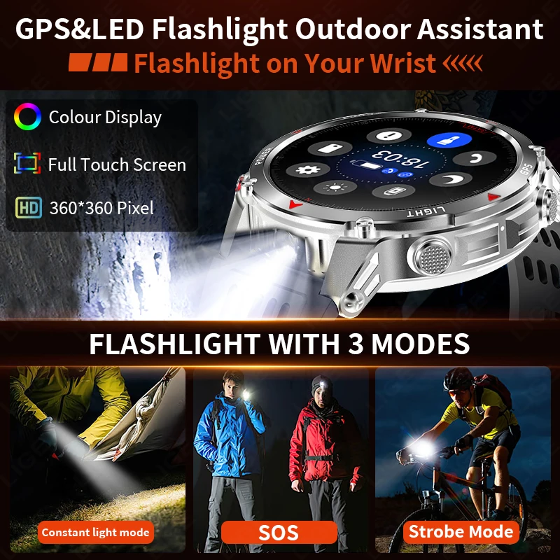 LIGE 러기드 GPS 트랙 스마트워치 남성용 LED 플래시라이트 나침반 3ATM 방수 블루투스 통화 스포츠 사이클링 남성 스마트워치