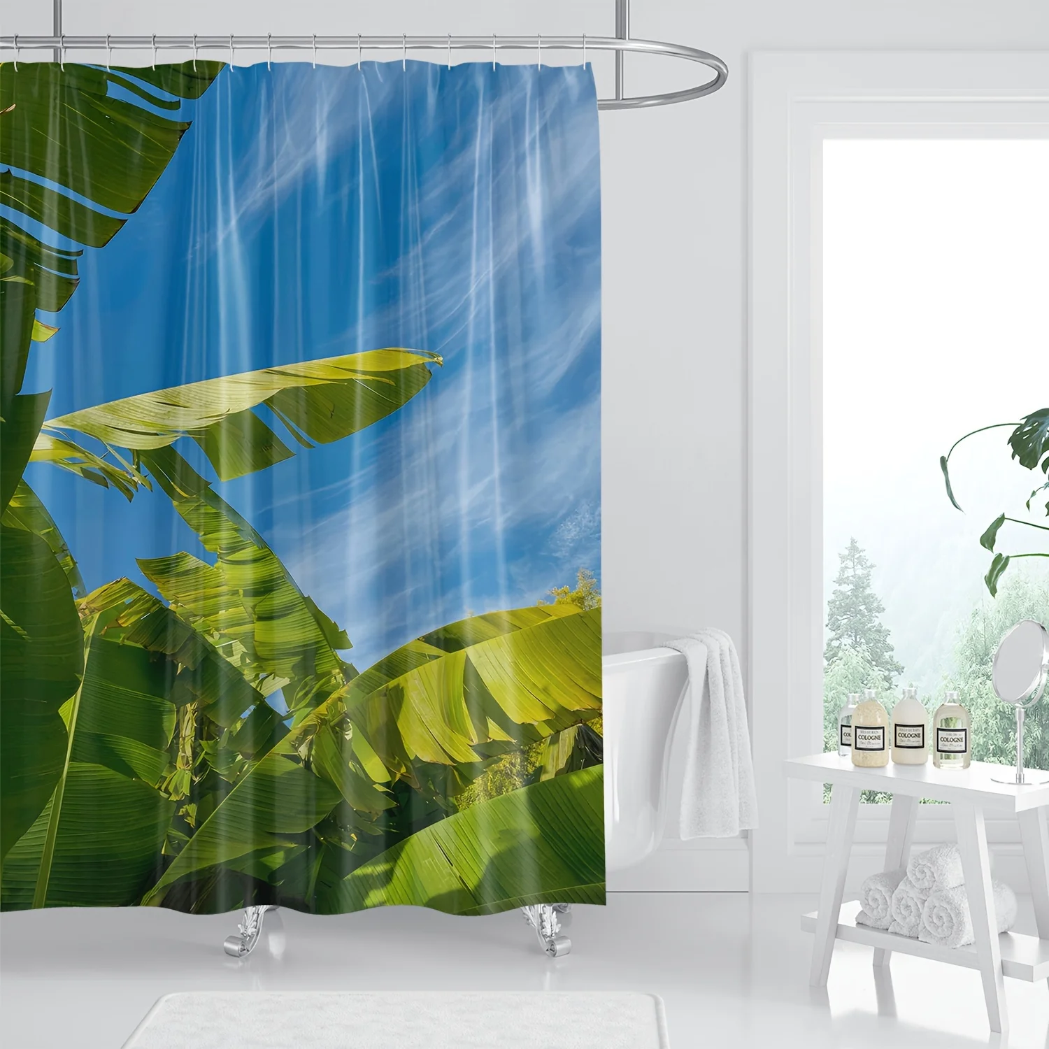 

1pc Vibrant Tropical Banana Print Shower Curtain - Polyester, Machine Washable with Hooks, Nature-Inspired Bathroom Decor for Al