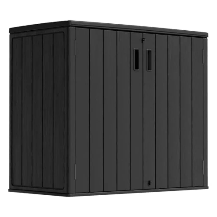 Outdoor storage shed for garden tools, lawn mower, bike, and trash can; double-wall HDPE plastic, waterproof, horizontal lockab