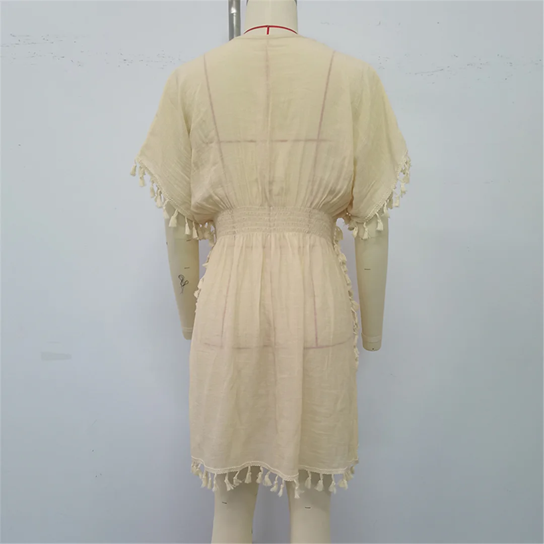 Kurzarm-Tunika mit Quasten, V-Ausschnitt, gehäkelt, gestrickt, Strand-Cover-up, Strandkleid, Strandmode, Damen V8546 – Detail 9