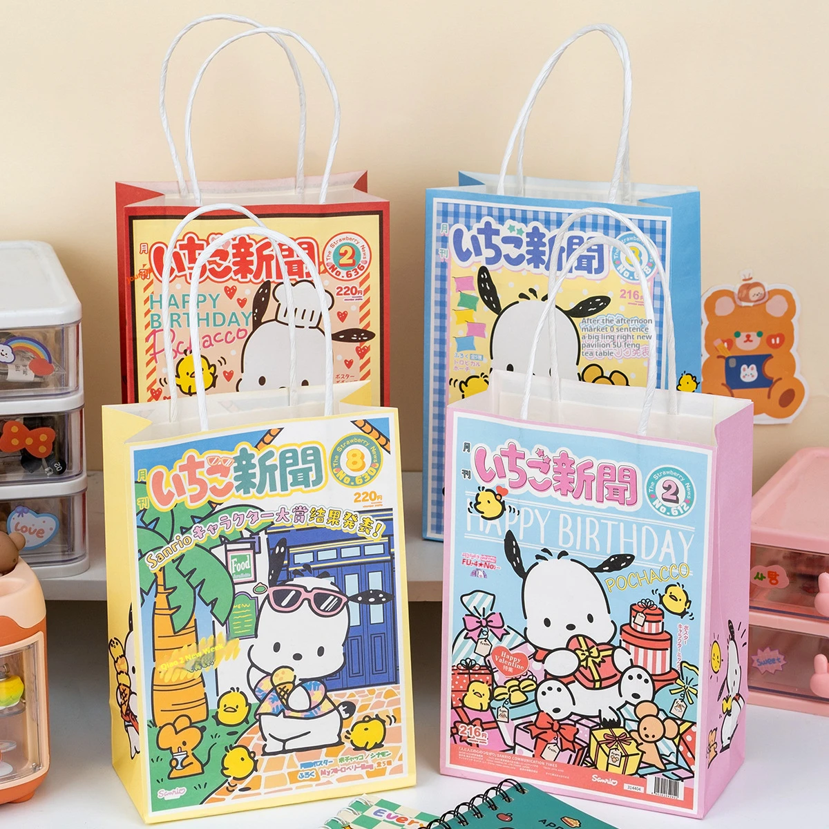 Novos modelos sanrio kuromi sacos de papel mymelody pachacco saco de presente de doces portátil criativo padrão dos desenhos animados festa de aniversário decoração presente