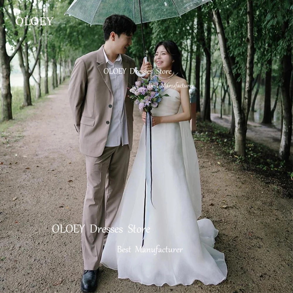 

OLOEY Simple A Line Wedding Dresses Korea Photoshoot Strapless Floor Length Bridal Gowns Corset Back Mariage Custom Made