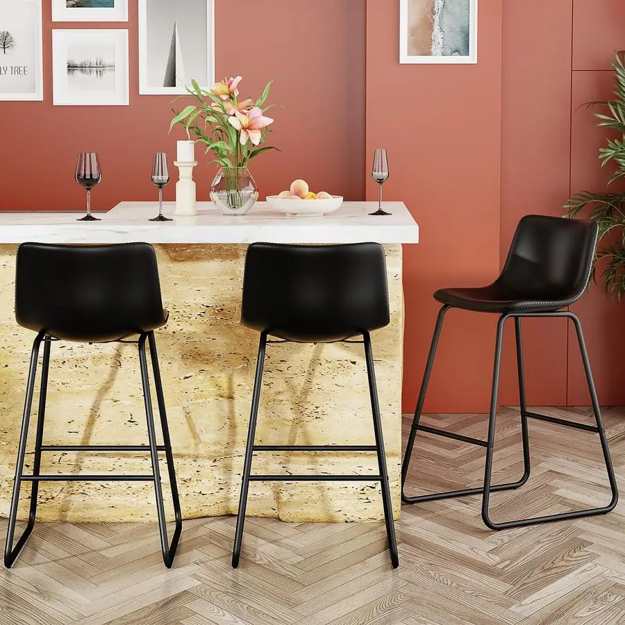 

Набор из 3-х барных стульев, современные барные стулья стандартной высоты, барные стулья из искусственной кожи со спинкой и металлическими ножками, высокие барные стулья без подлокотников для столовой.