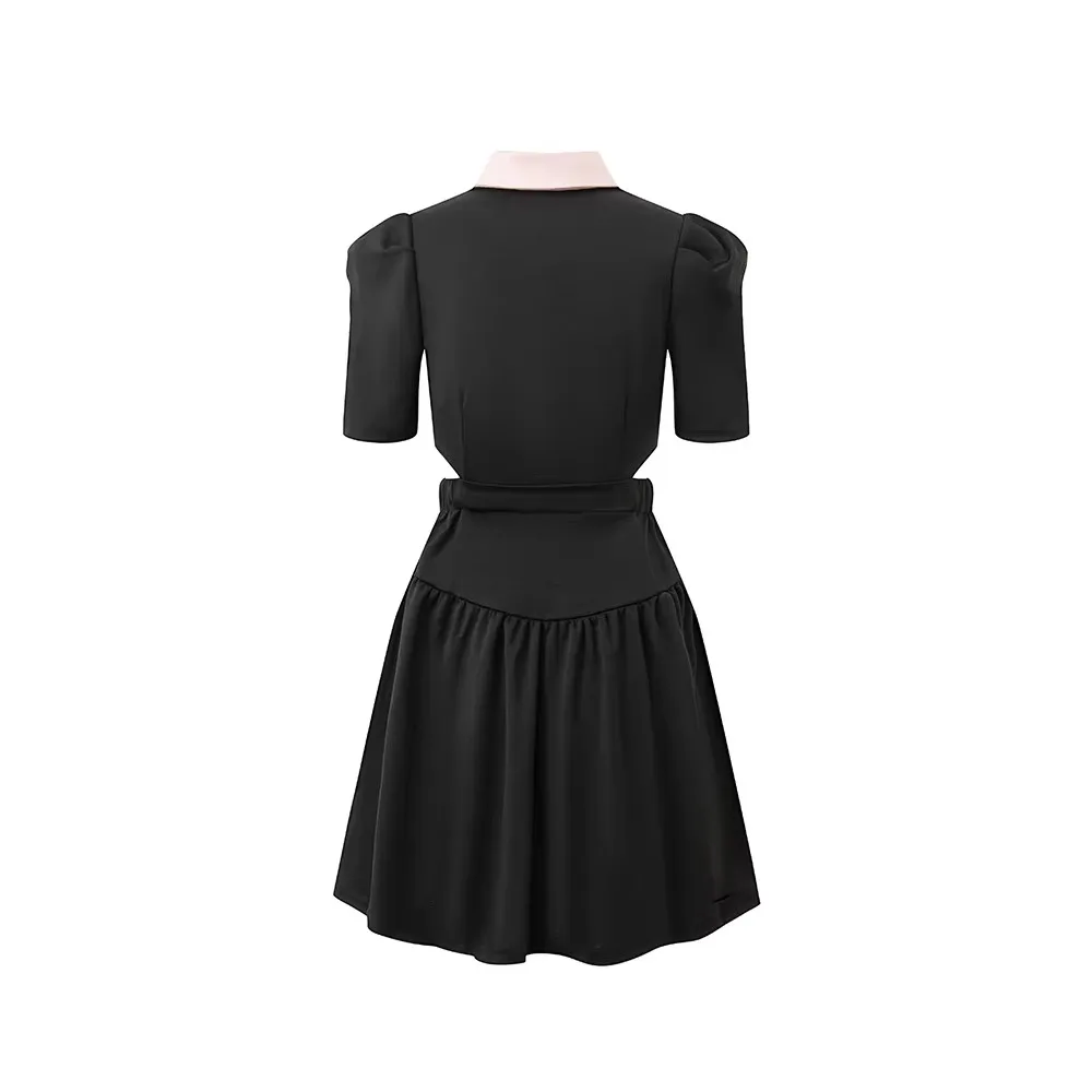 JHJN Casual Women Dress Black Hole Frock Patchwork Knee Length Girl Vestido Slim Fit Turn-Down Collar Tops Pleated Skirt Party