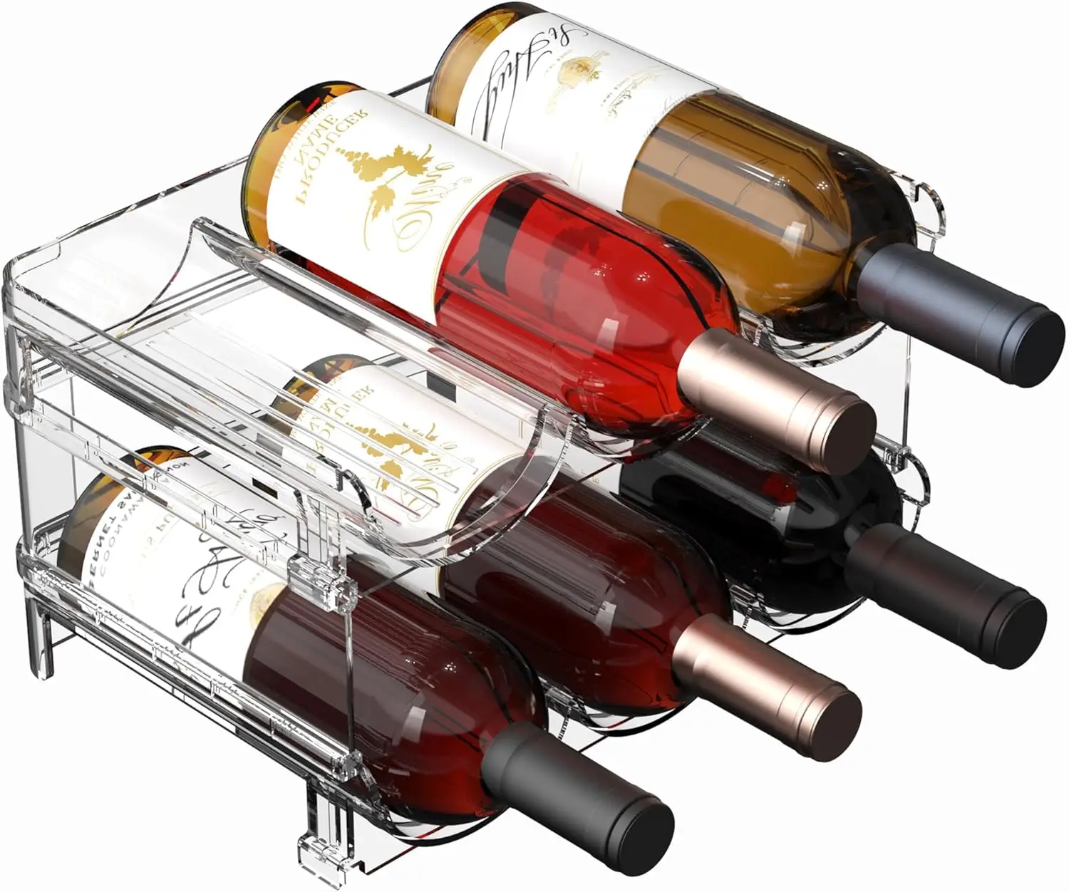 

Многоярусная 2-уровневая подставка для винных бутылок для холодильника, шкафа, столешницы, кладовой, морозильной камеры, вмещает 6 бутылок