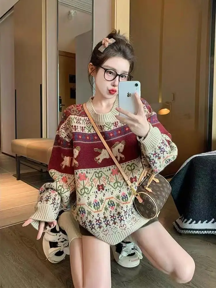 

Vintage Jacquard Casual Knitted Sweater Women Autumn Winter New 2025 Loose O-neck Long Sleeve Jumpers Coat for Women Knitwear