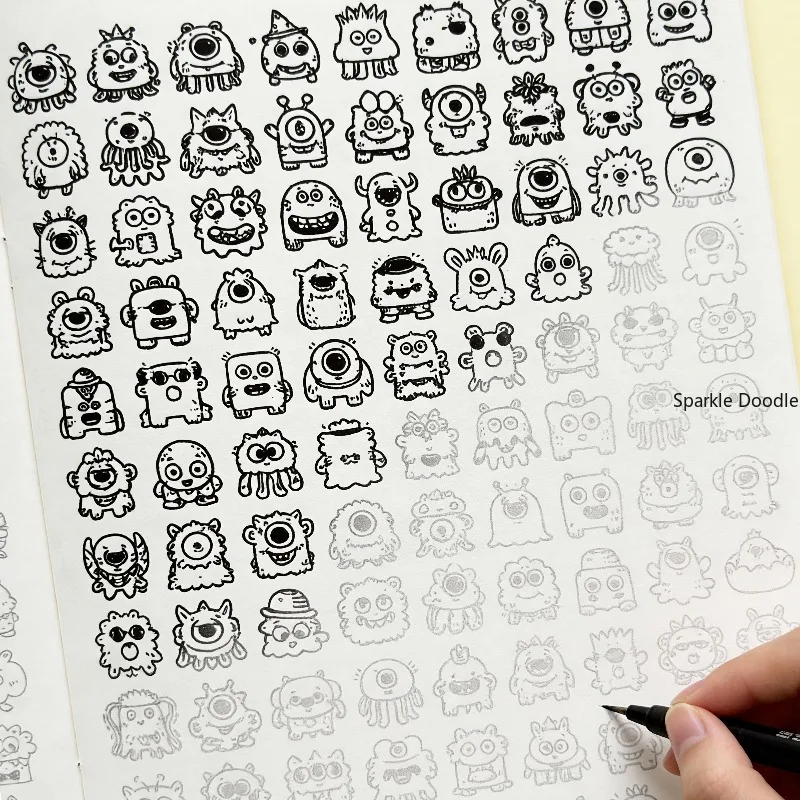A 40 Page Adult Decompression Minimalist Sketchbook, Themed Sketchbook with Doodles and Coloring of Funny Animals/monsters