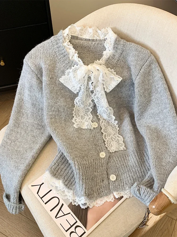 Women Grey Bow Lace Cardigan Sweater Harajuku Vintage Korean Y2k Long Sleeves Cashmere Sweaters Jumper 2000s Clothes Autumn 2024